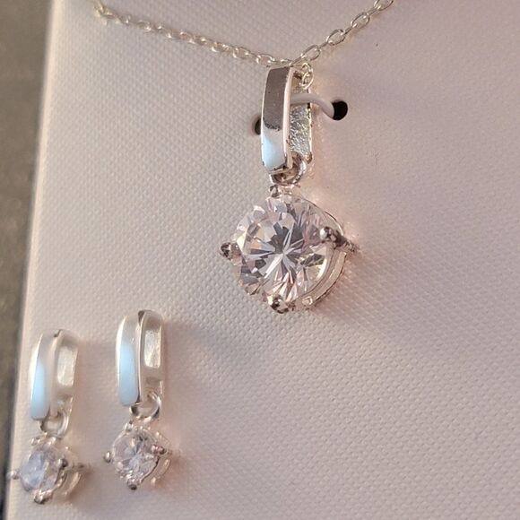 Sterling Contemporary Drop Clear CZ Round Pendant Necklace Earrings Set - … - Picture 3 of 3